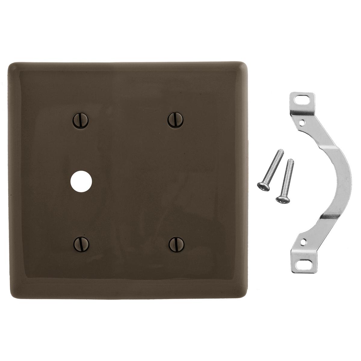 Hubbell NP1214 Wallplates, Nylon, 2-Gang, 1) Blank, 1) .406" Opening, Brown  ; Reinforcement ribs for extra strength ; High-impact, self-extinguishing nylon material ; Captive screw feature holds mounting screw in place ; Standard Size is 1/8" larger to give you extra c