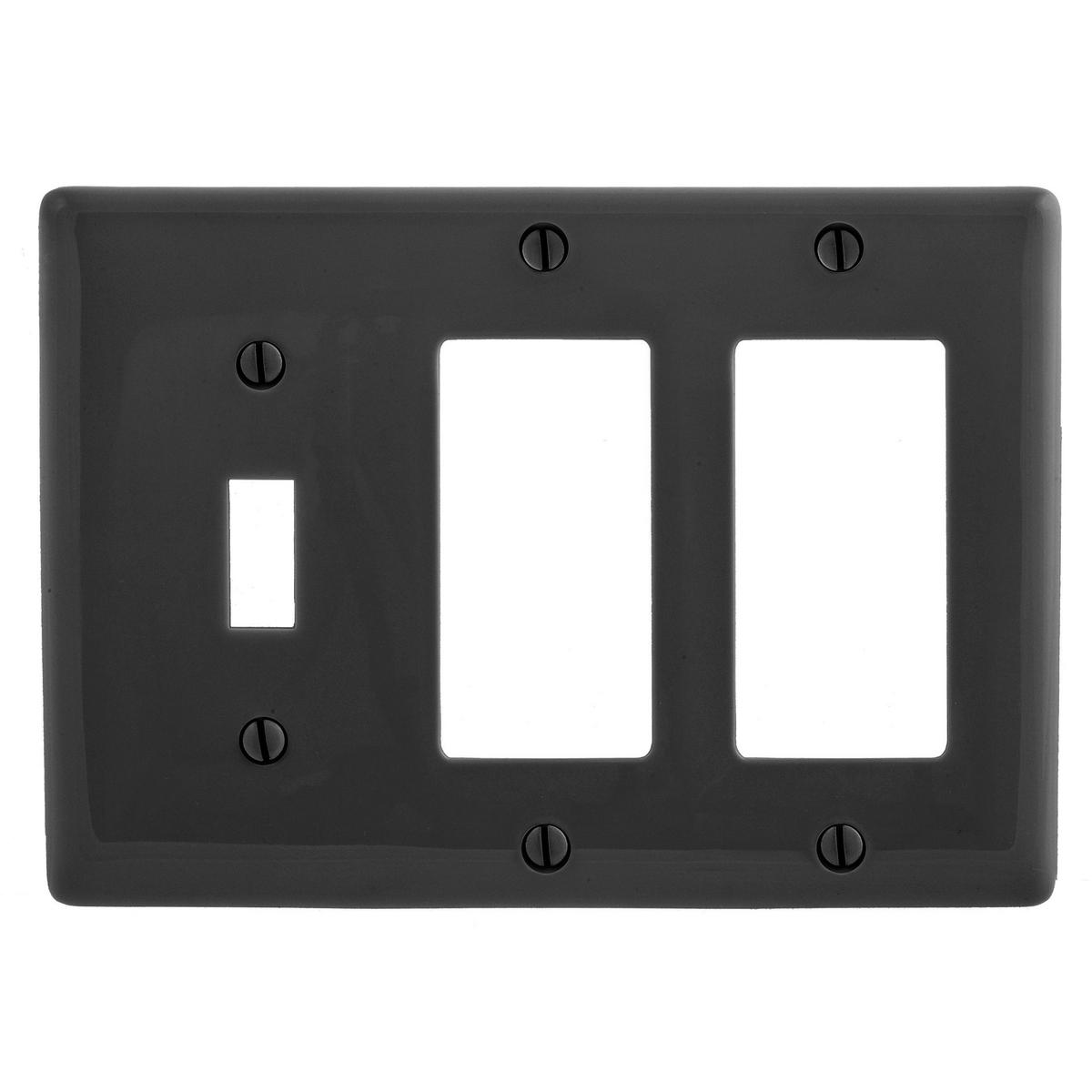 Hubbell NP1262BK Wallplates, Nylon, 3-Gang, 1) Toggle, 2) Decorator, Black  ; Reinforcement ribs for extra strength ; High-impact, self-extinguishing nylon material ; Captive screw feature holds mounting screw in place ; Standard Size is 1/8" larger to give you extra cove