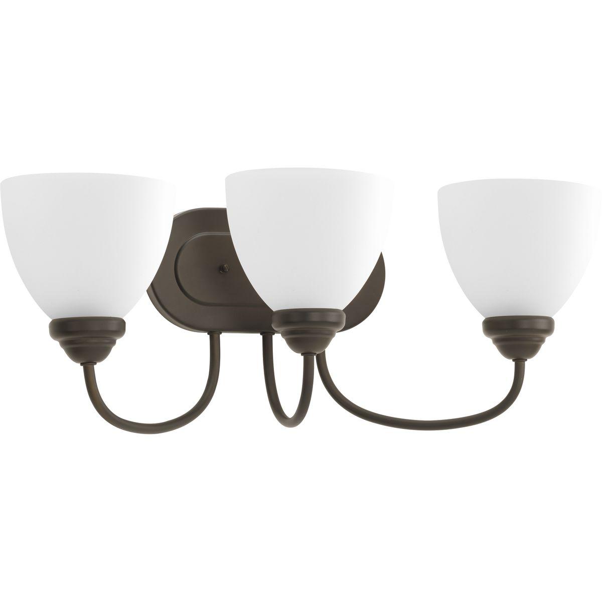 Hubbell P2919-20 The Heart Collection possesses a smart simplicity to complement today's home. This three-light bath bracket includes etched glass shades to add distinction and provide pleasing illumination to any room. Versatile design permits installation of fixture fac