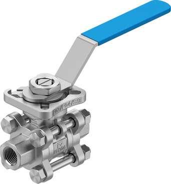 Festo 8096663 ball valve VZBE-1/4-T-63-T-2-F0304-M-V15V15 Design structure: 2-way ball valve, Type of actuation: mechanical, Sealing principle: soft, Assembly position: Any, Mounting type: Line installation