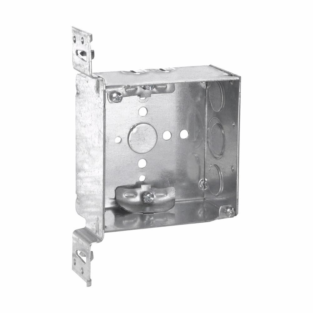 Eaton TP452 Eaton Crouse-Hinds series Square Outlet Box, (1) 1/2", 4", VMS, 4, NM clamps, Welded, 2-1/8", Steel, (2) 1/2", (1) 1/2", (1) 3/4" E, 30.3 cubic inch capacity