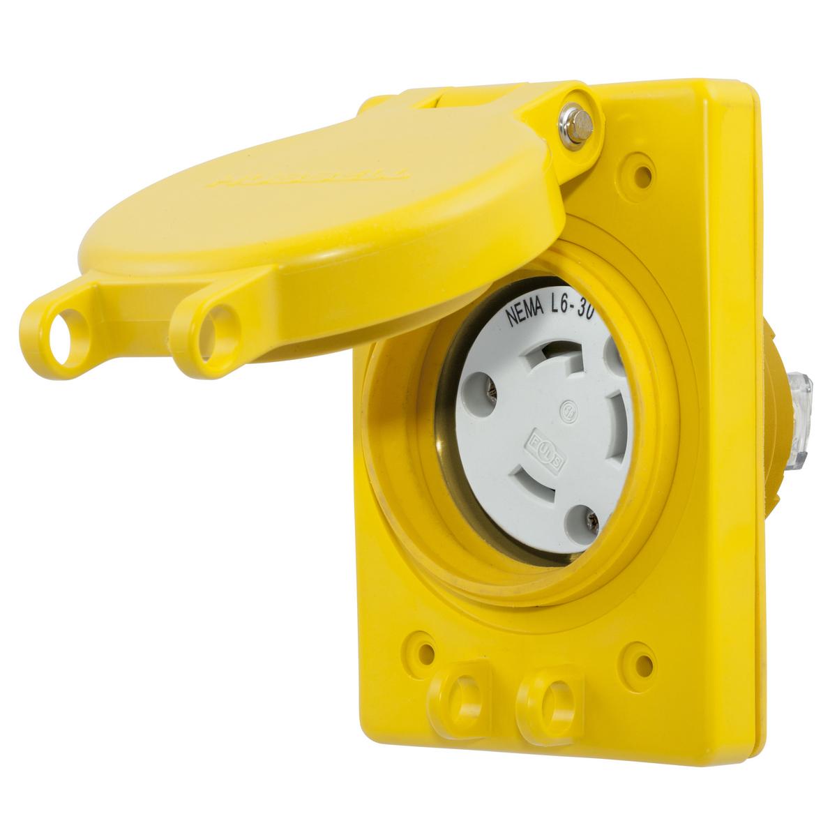 Hubbell HBL69W48 Watertight Devices, Twist-Lock® Receptacle with Lift Cover, 30A, 250V, 2 Pole, 3 Wire, Thermoplastic elastomer, NEMA L6-30R, Yellow  ; Impact resistant PBT lid, cover plate, and receptacle body ; Thermoplastic elastomer seal ; Stainless steel hardware and