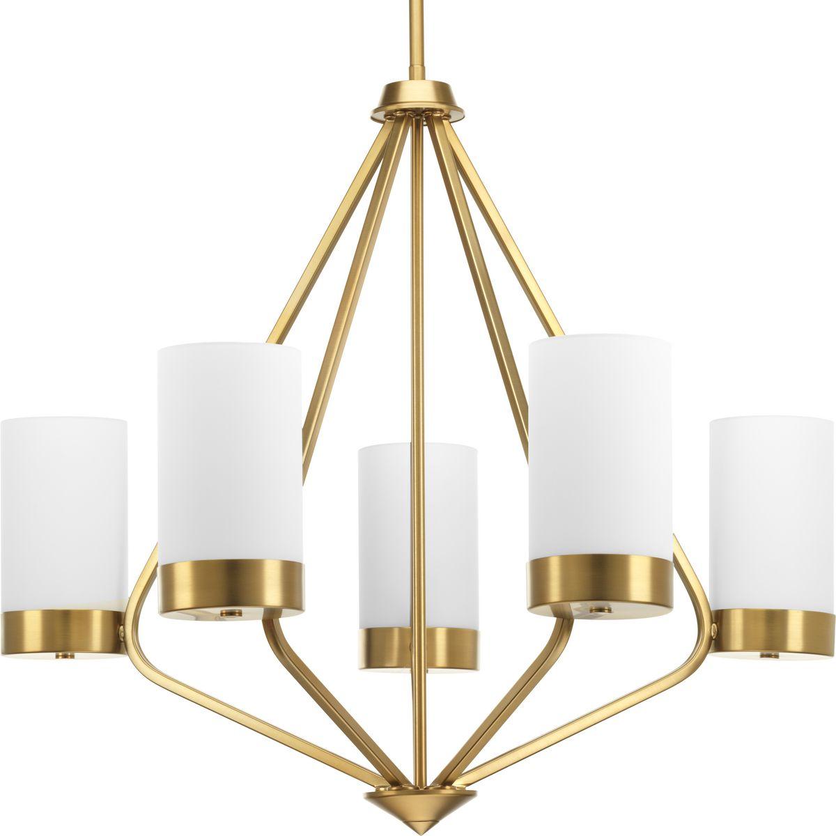 Hubbell P400022-109 Achieve a mid-century modern look with Elevate, which boasts glass shades and a frame inspired by Space Age styling. The trapezoidal form is accentuate in the Brushed Bronze finish. This five-light chandelier is part of our Design Series collections.  ; B