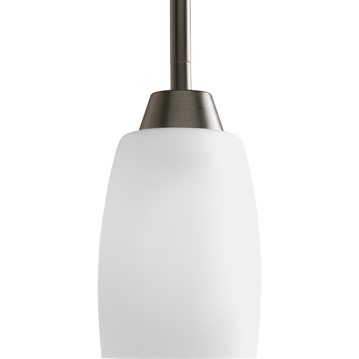 Hubbell P5108-20 The Wisten Collection features sweeping arcs framing elegant, tapered glass shades. Cool and modern with a casual flair, Wisten provides a signature look to any room.  One-light mini-pendant with etched glass in an Antique Bronze finish.  ; Sweeping arms 