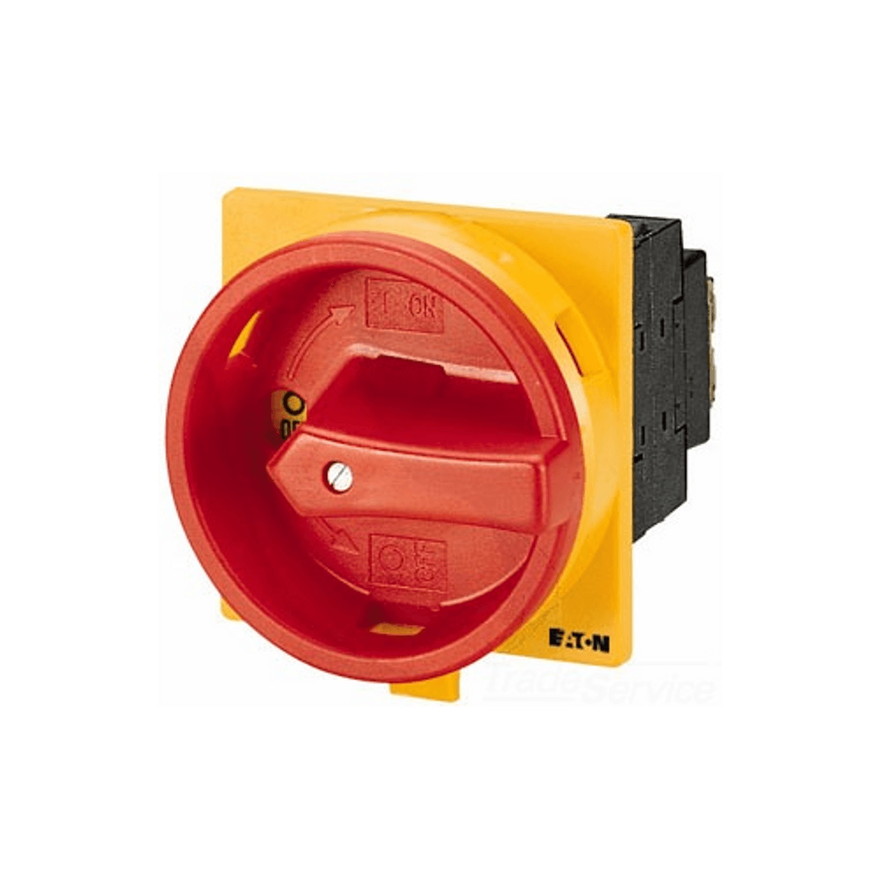Eaton P1-32/EA/SVB 690 VAC, 1/3-Phase, 32 A, 15 kW, 3-Pole, Screw Terminal, On-Off Red Padlockable Rotary Handle and Yellow Locking Ring, Flush Mount, IP65, Emergency Switching Off