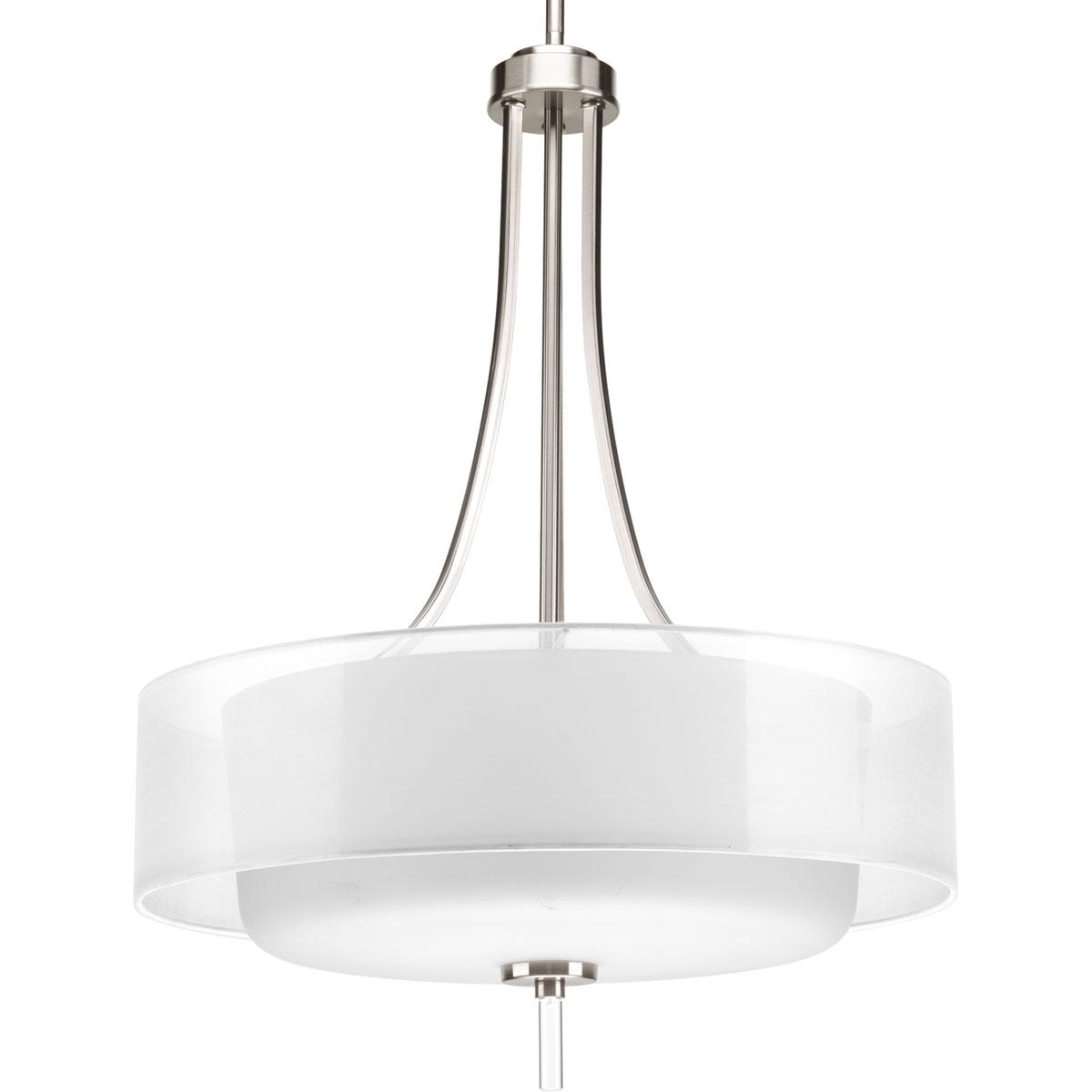 Hubbell P5047-09 Invite the beauty of light into your home with this Brushed Nickel four-light pendant. Invite provides a welcoming silhouette with a unique shade comprised of an inner glass globe encircled by a translucent sheer Mylar shade. The rich, layering effect cre