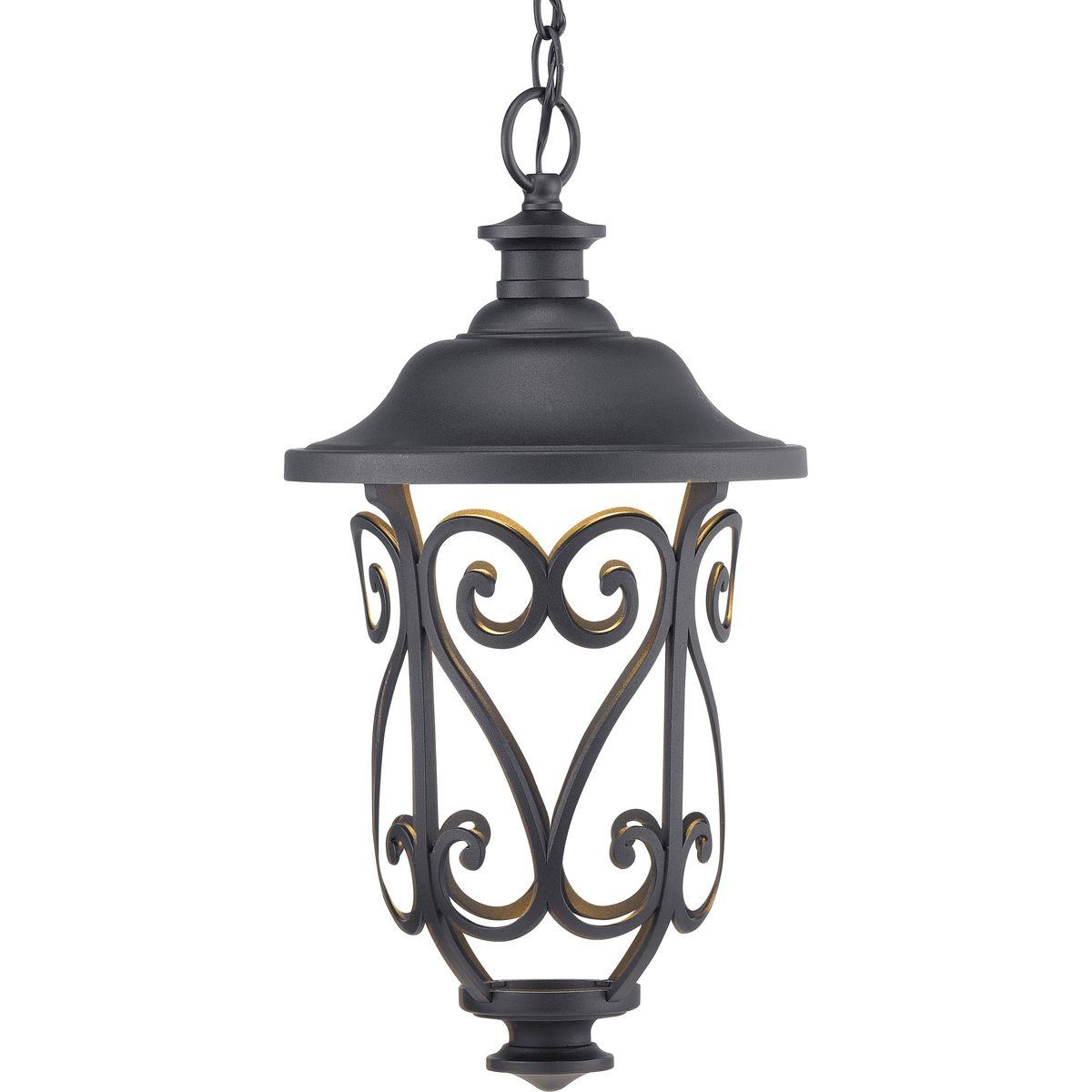 Hubbell P550037-031-30 The Leawood LED Collection hanging lantern provides delicate scrollwork with dramatic shadow patterns in a modern form. Intricate die cast aluminum construction in classic Black finish. A taller design accommodates the larger scale commonly seen in today’