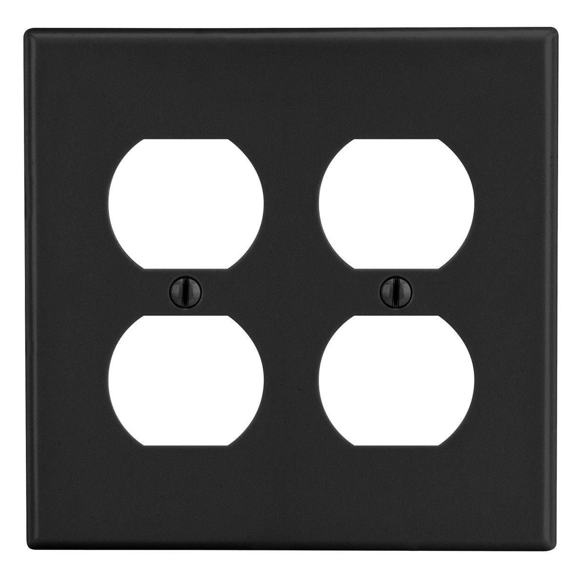 Hubbell PJ82BK Wallplate, Mid-Size 2-Gang, 2) Duplex, Black  ; High-impact, self-extinguishing polycarbonate material ; More Rigid ; Sharp lines and less dimpling ; Smooth satin finish ; Blends into wall with an optimum finish ; Smooth Satin Finish
