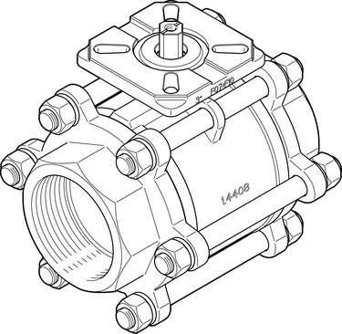 Festo 1686651 ball valve VZBA-3"-GG-63-T-22-F0710-V4V4T 2/2-way, flange hole pattern F0710, thread EN 10226-1. Design structure: 2-way ball valve, Type of actuation: mechanical, Sealing principle: soft, Assembly position: Any, Mounting type: Line installation