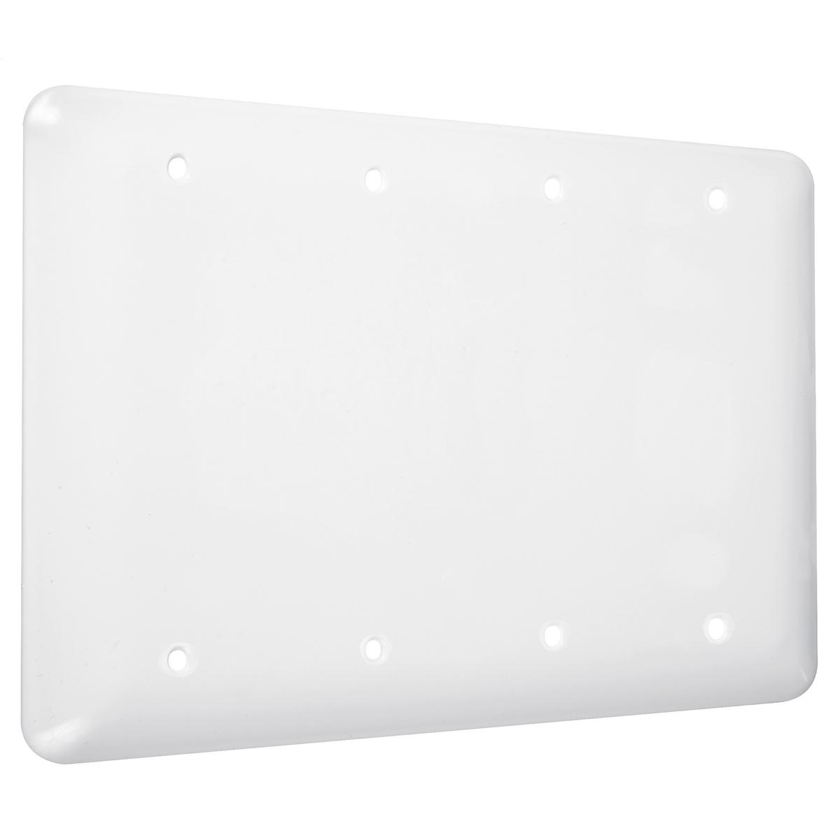 Hubbell WRW-BBBB 4-Gang Metal Wallplate, Maxi, 4-Blank, White Smooth  ; Easily primed and painted to match or complement walls. ; Won't bow, crack or distort during installation. ; Premium North American powder coat. ; Includes screw(s) in matching finish.