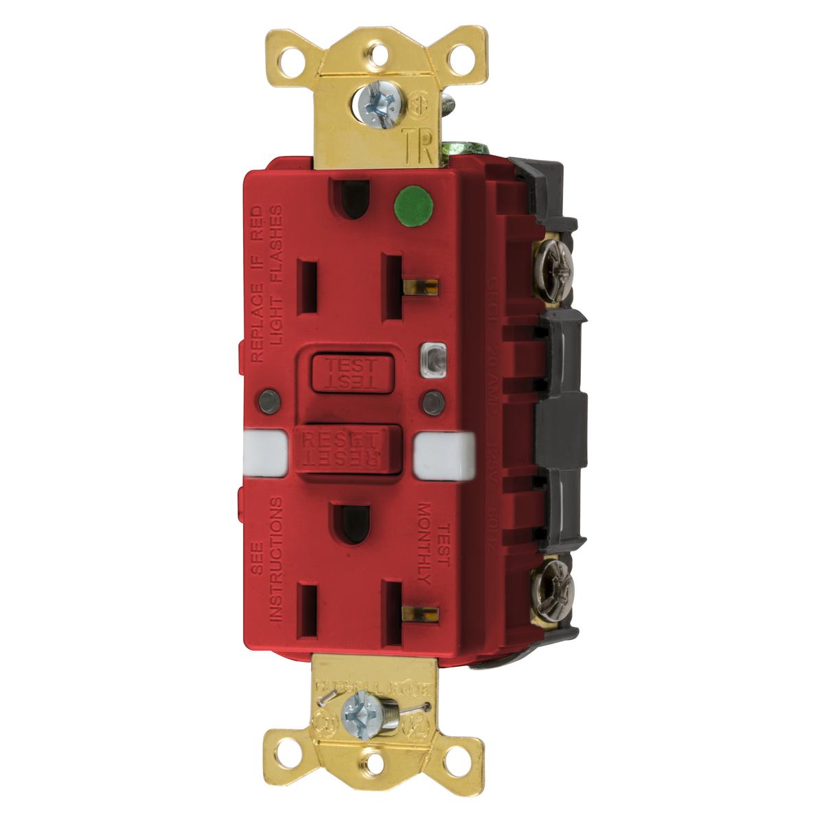 Hubbell GFTRST83RNL Straight Blade Devices, Receptacle, GFCI, Tamper Resistant, Commercial Hospital Grade, Self Test, 20A 125V, 2-Pole 3-Wire Grounding, 5-20R, Red, With Night Light.  ; Patented shutter design for tamper-resistant ; Compliant with NEC® 406.12 and NEC® 517-18