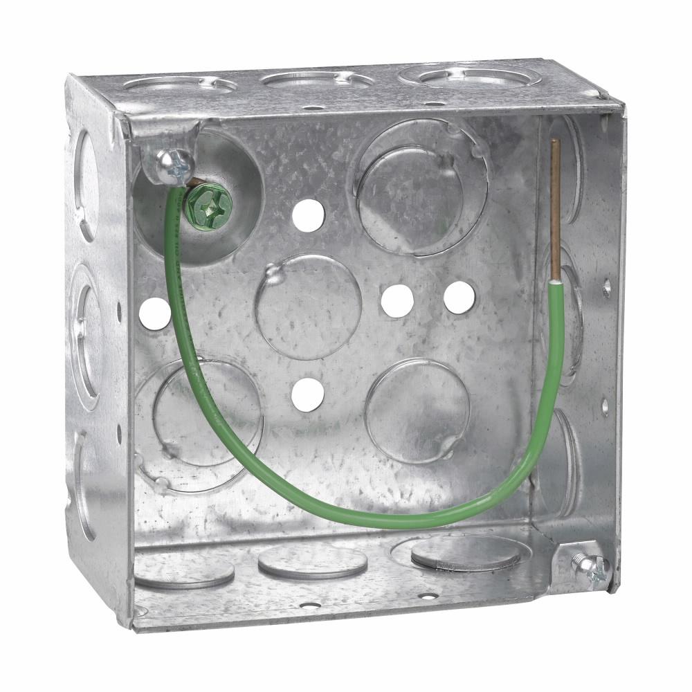 Eaton Corp TP403PFA Eaton Crouse-Hinds series Square Outlet Box, (2) 1/2", (2) 1/2", (1) 3/4" E, 4", Conduit (no clamps), Welded, 2-1/8", (8) 1/2",(4) 1/2", (1) 3/4" E, Includes ground screw with pigtail lead, 30.3 cubic inch capacity