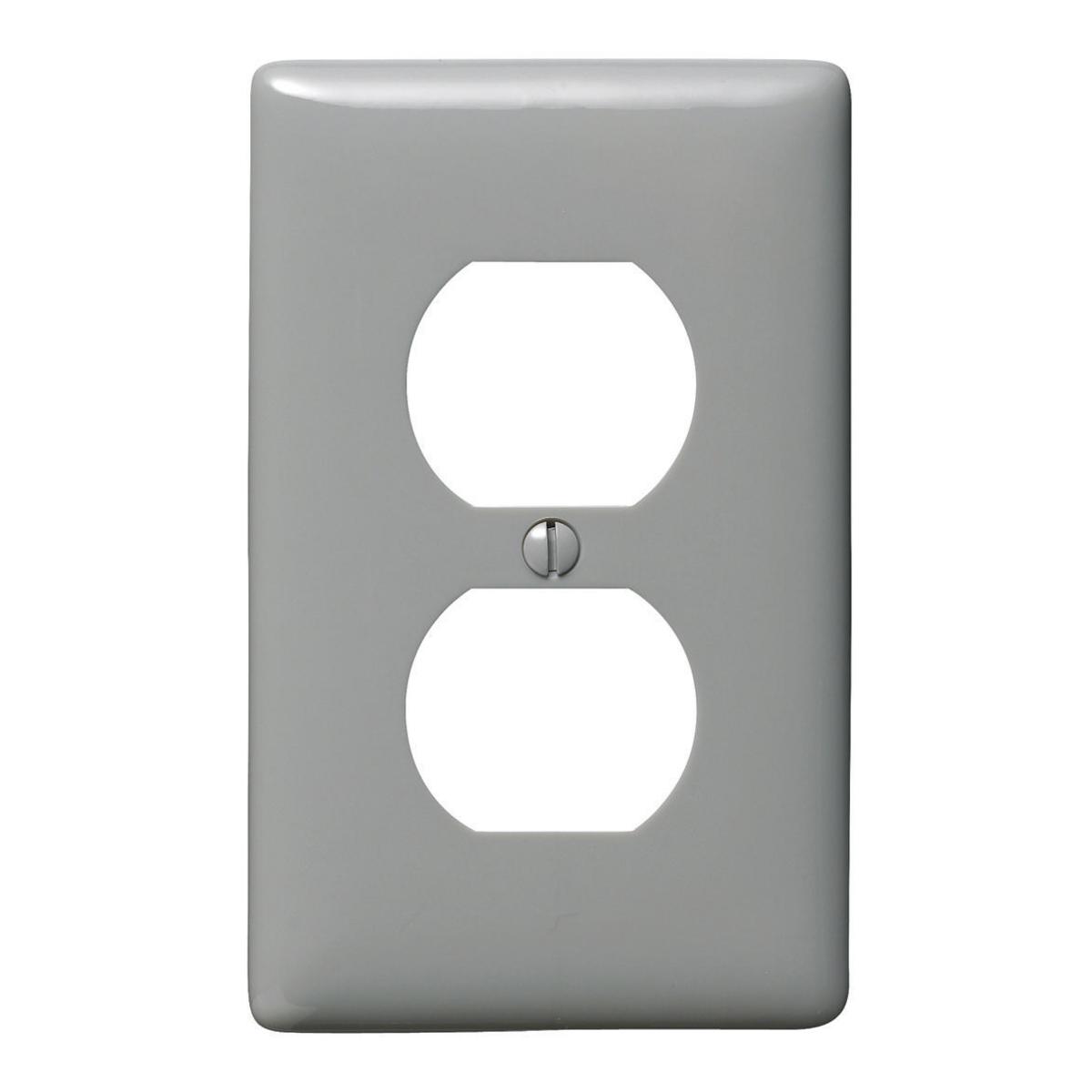 Hubbell NPJ8GY Wallplates and Box Covers, Wallplate, Nylon, Mid-Sized, 1-Gang, 1) Duplex, Gray  ; Reinforcement ribs for extra strength ; Captive screw feature holds mounting screw in place ; High-impact, self-extinguishing nylon material ; Standard Size is 1/8" larger 