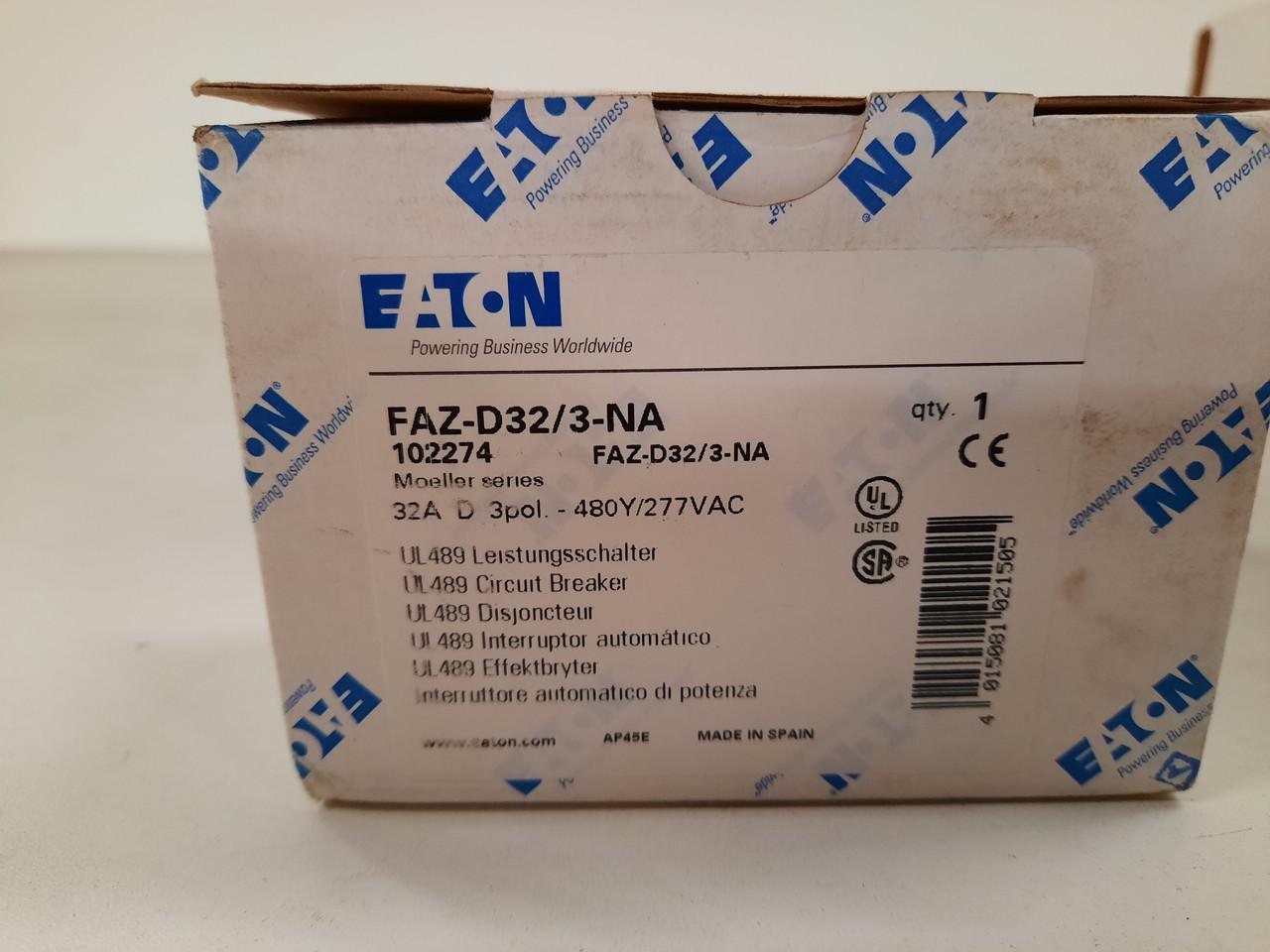 Eaton FAZ-D32/3-NA 277/480 VAC 50/60 Hz, 32 A, 3-Pole, 10/14 kA, 10 to 20 x Rated Current, Screw Terminal, DIN Rail Mount, Standard Packaging, D-Curve, Current Limiting, Thermal Magnetic