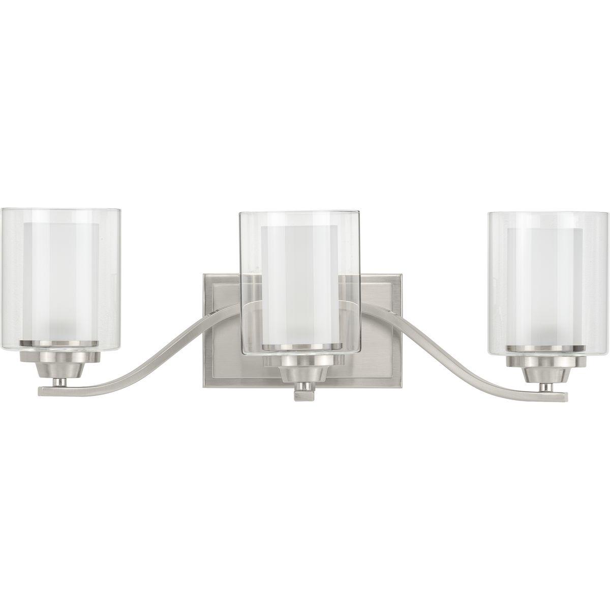 Hubbell P300122-009 Add a modern romance to the heart of your home with this lovely wall bracket. Quiet etched glass diffusers are surrounded by clear outer shades for a soft, luxurious touch. The shades sit on an elegant brushed nickel frame with a rectangular backplate.  ;