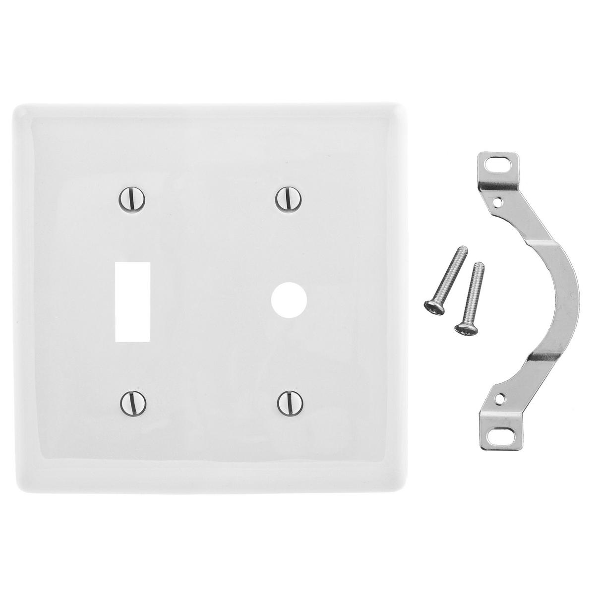 Hubbell NP112W Wallplates, Nylon, 2-Gang, 1) Toggle, 1) .406" Opening, White  ; Reinforcement ribs for extra strength ; High-impact, self-extinguishing nylon material ; Captive screw feature holds mounting screw in place ; Standard Size is 1/8" larger to give you extra 