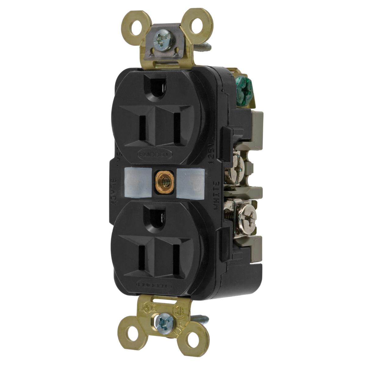 Hubbell HBL5262BK Straight Blade Devices, Receptacles, Duplex, Industrial Grade, 2-Pole 3-Wire Grounding, 15A 125V, 5-15R, Black, Single Pack.  ; Back wired ground terminal allows faster, easier installation ; One-piece brass integral ground strap ; Finder Groove Face ; De
