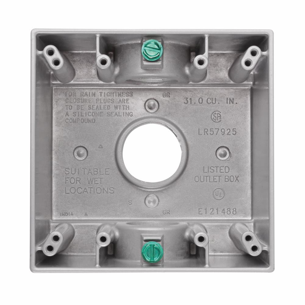 Eaton TP7093 Eaton Crouse-Hinds series weatherproof outlet box, 31.0 cu in capacity, Gray, 2" deep, Die cast aluminum, Two-gang, (3) 1" outlet holes, Rectangular