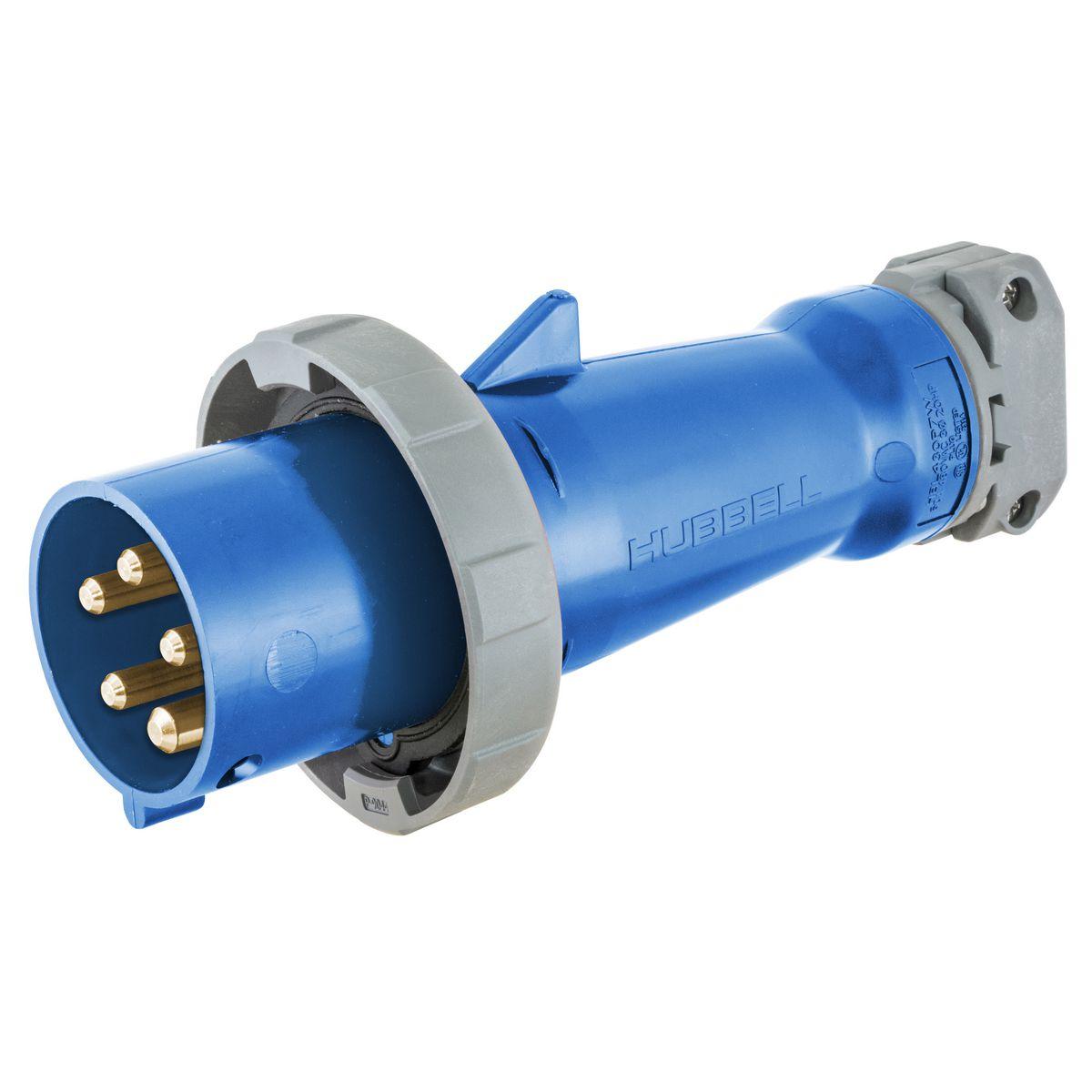Hubbell HBL520P9W Heavy Duty Products, IEC Pin and Sleeve Devices, Industrial Grade, Male, Plug, 20A 3-Phase Wye 120/208V AC, 4- Pole 5-Wire Grounding, Terminal Screws, Blue, Watertight  ; Solid one-piece pins machined from solid brass ; Gasketed sealing ring provides wate