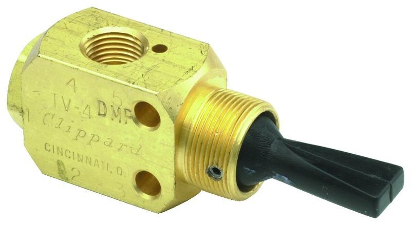 Clippard TV-4DP 3-Position, 4-Way Valve, Plastic Toggle, 1/8" NPT, Brass body, Nitrile seals, Stainless Steel spring, Designed for use with Clippard manual, air-pilot, electric or mechanical actuators.