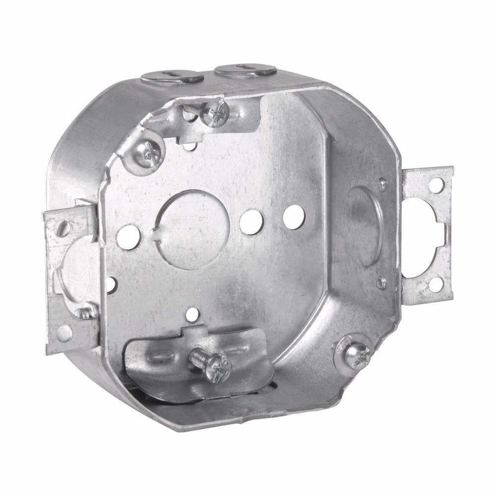Eaton Corp TP306 Eaton Crouse-Hinds series Octagon Outlet Box, (1) 1/2", 4", 4, NM clamps, 1-1/2", Steel, (2) 1/2", Two screw ears, fixture rated, 15.5 cubic inch capacity