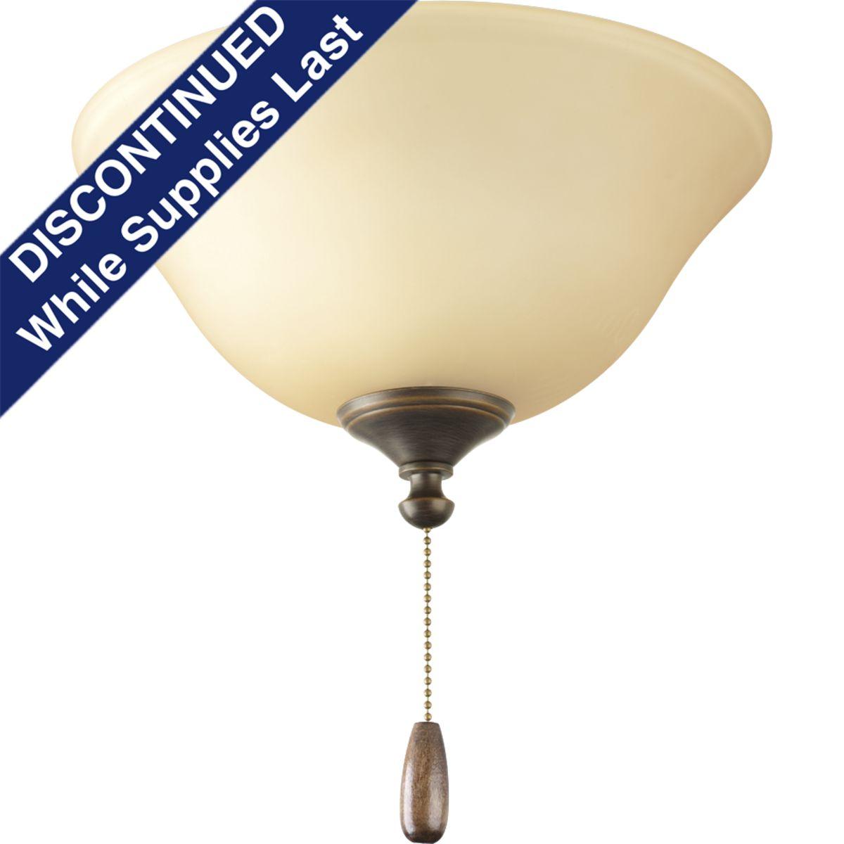 Hubbell P2612-20T Antique Bronze three-light fan kit with etched Light Umber glass bowl. Elegant light umber glass conceals light bulbs and casts an inviting illumination in any size room. Corresponding pull chain features Antique Brass finish with a medium oak fob. Univer