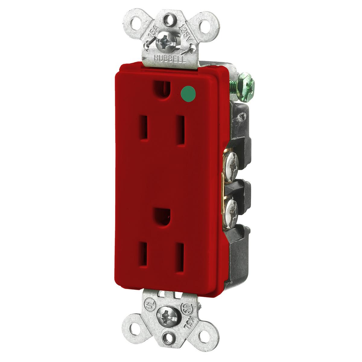 Hubbell HBL2172R Straight Blade Devices, Receptacles, Duplex, Hospital Grade, 2-Pole 3-Wire Grounding, 15A 125V, 5-15R, Red, Single Pack.  ; Aesthetic Style Line� decorator design ; High impact resistant face ; Triple wipe contacts ; Standard, Self Grounding