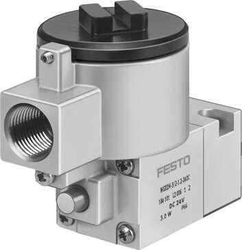 Festo 535617 pilot valve MGXDH-3/2-1.2-230AC-EX with CNOMO port pattern, to ISO 15218 Valve function: 3/2 closed, monostable, Type of actuation: electrical, Operating pressure: -0,9 - 8 bar, Design structure: On/off valve, Type of reset: mechanical spring