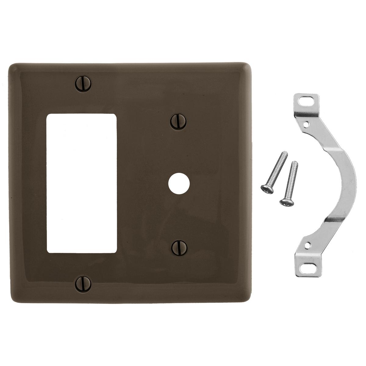 Hubbell NP1226 Wallplates, Nylon, 2-Gang, 1) Decorator, 1) .406" Opening, Brown  ; Reinforcement ribs for extra strength ; High-impact, self-extinguishing nylon material ; Captive screw feature holds mounting screw in place ; Standard Size is 1/8" larger to give you ext