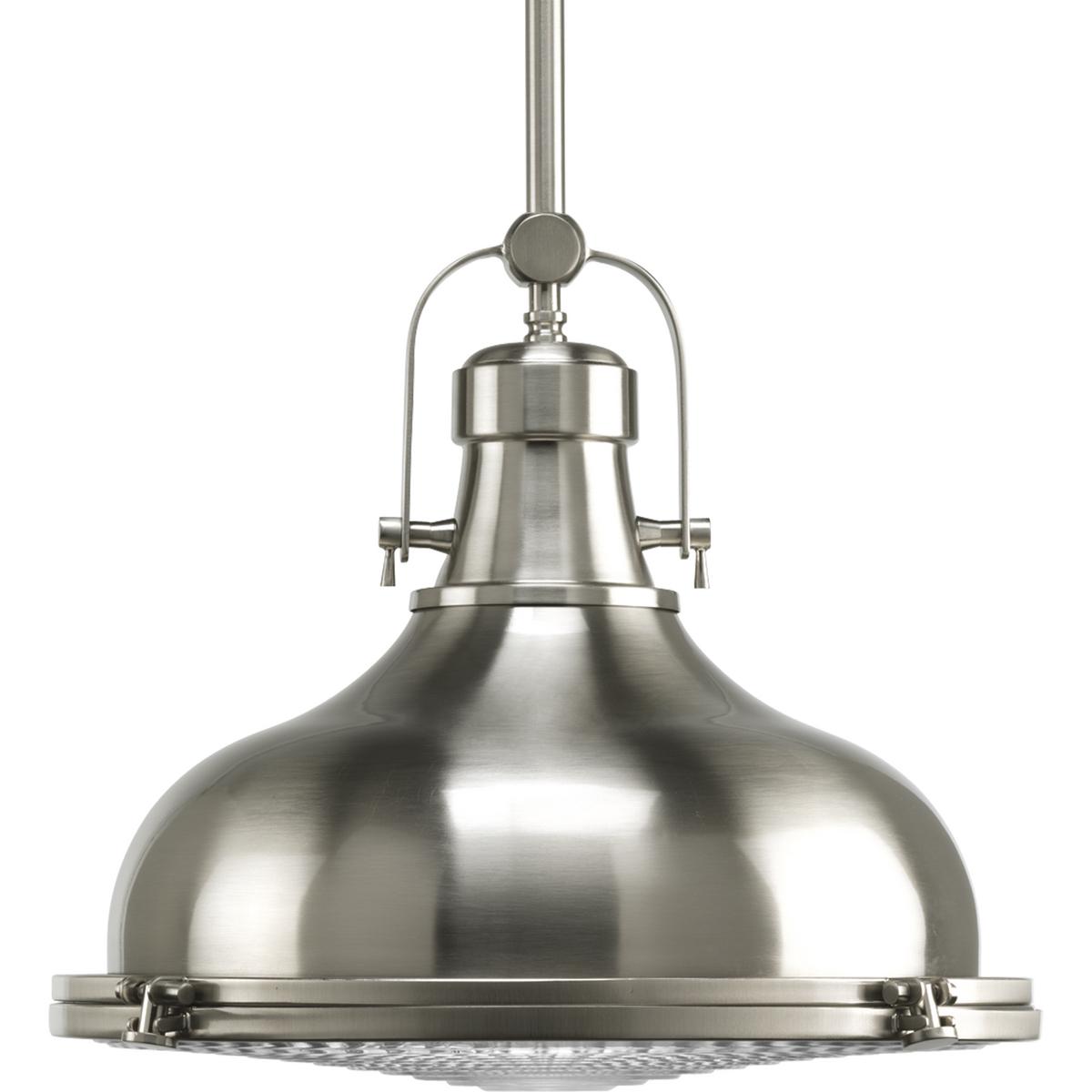 Hubbell P5197-09 The one-light 16" pendant features industrial roots in both form and function. The Brushed Nickel finish highlight the high-quality prismatic glass which adds to the historical aesthetic. Antique style fixture includes a hinge-locking nautical design allo