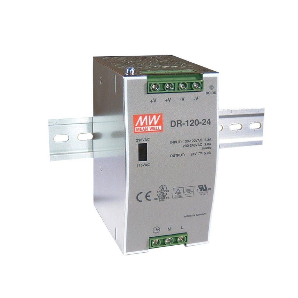 MEAN WELL DR-120-24 AC-DC Industrial DIN rail power supply; Output 24Vdc at 5A; metal case; DR-120-24 is succeeded by NDR-120-24.