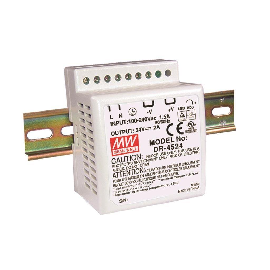 MEAN WELL DR-4524 AC-DC Industrial DIN rail power supply; Output 24Vdc at 2A; plastic case; DR-4524 is succeeded by HDR-60-24.