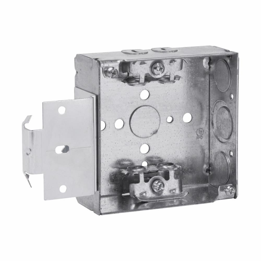 Eaton Corp TP454MSB Eaton Crouse-Hinds series Square Outlet Box, (1) 1/2", 4", MSB, 4, AC/MC clamps, Welded, 1-1/2", Steel, (4) 1/2", (2) 1/2", (1) 3/4" E, 22.0 cubic inch capacity