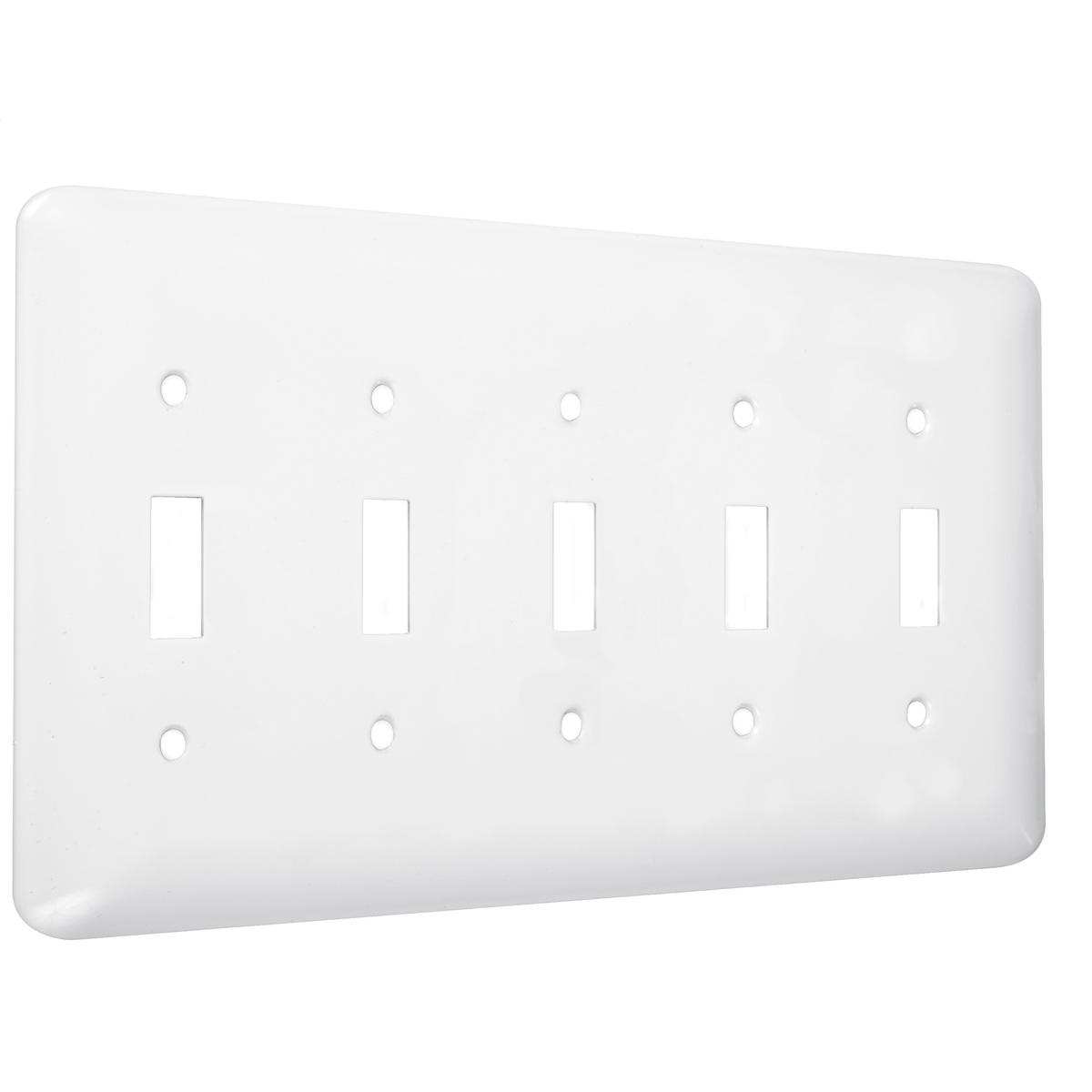 Hubbell WRW-5T 5-Gang Metal Wallplate, Maxi, 5-Toggle, White Smooth  ; Easily primed and painted to match or complement walls. ; Won't bow, crack or distort during installation. ; Premium North American powder coat. ; Includes screw(s) in matching finish.