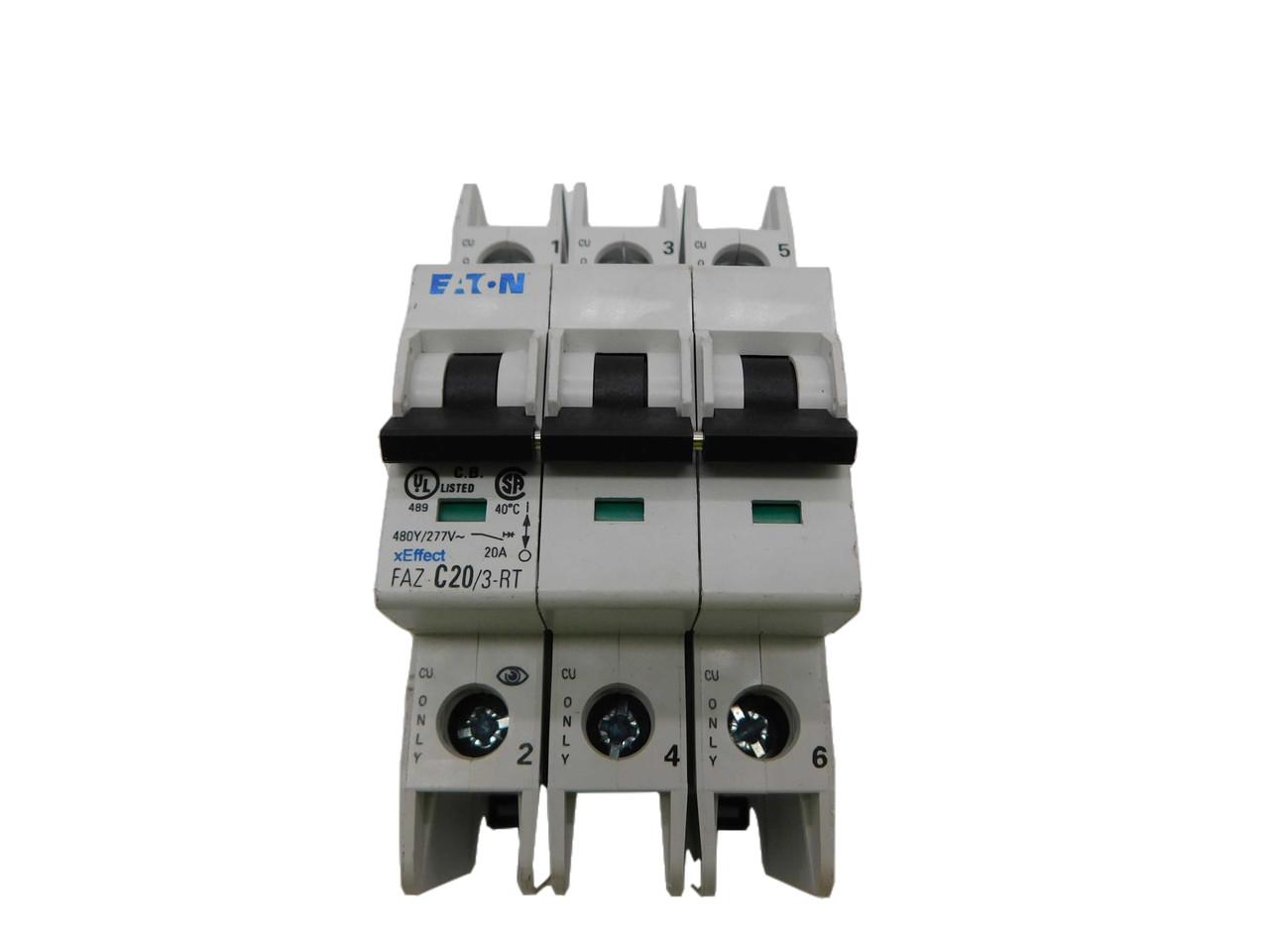 Eaton FAZ-C20/3-RT 277/480 VAC 50/60 Hz, 20 A, 3-Pole, 10/14 kA, 5 to 10 x Rated Current, Ring Tongue Terminal, DIN Rail Mount, Standard Packaging, C-Curve, Current Limiting, Thermal Magnetic