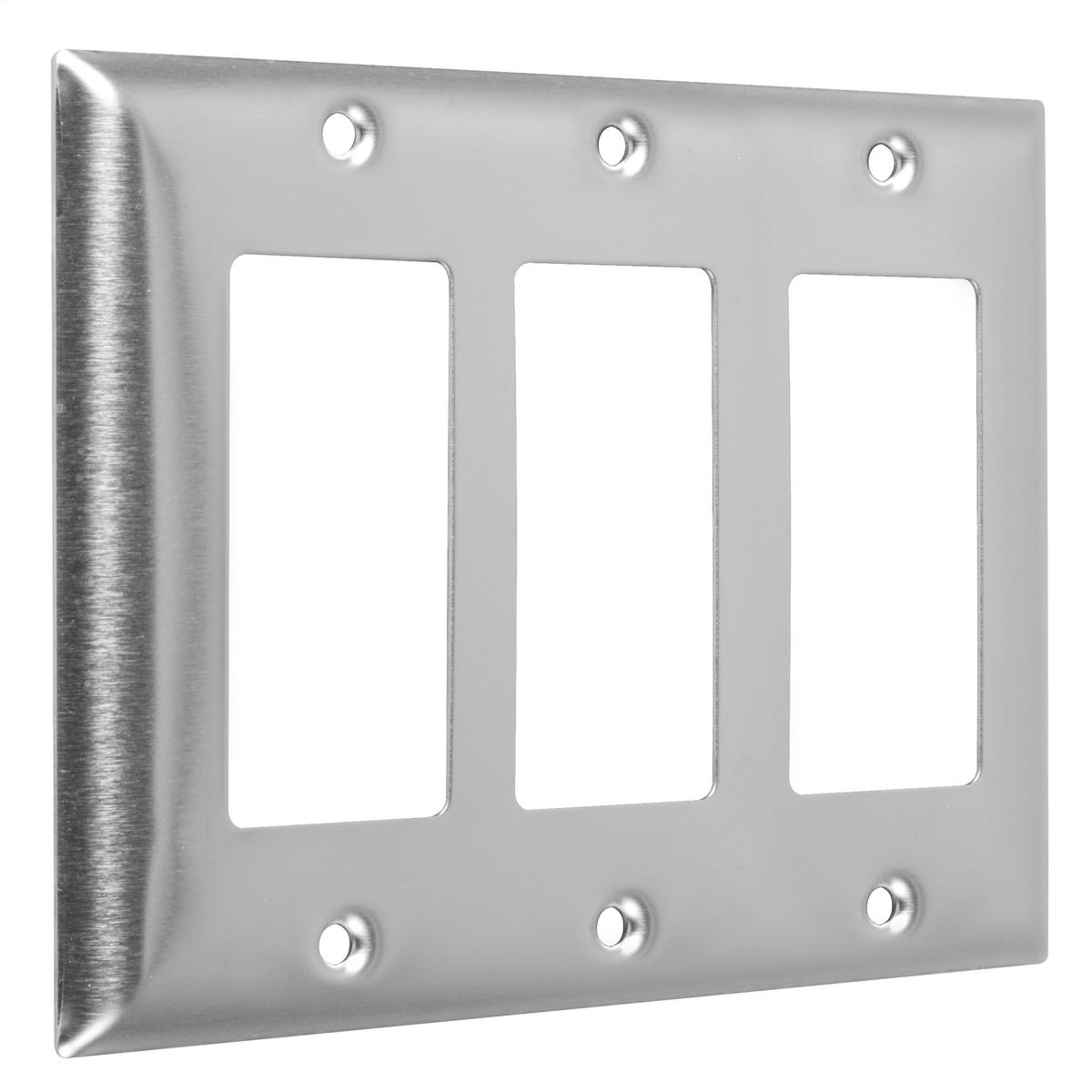 Hubbell WSS-RRR 3-Gang Metal Wallplate, Standard, 3-Decorator, Stainless Steel  ; Easily primed and painted to match or complement walls. ; Won't bow, crack or distort during installation. ; Premium North American powder coat. ; Includes screw(s) in matching finish.