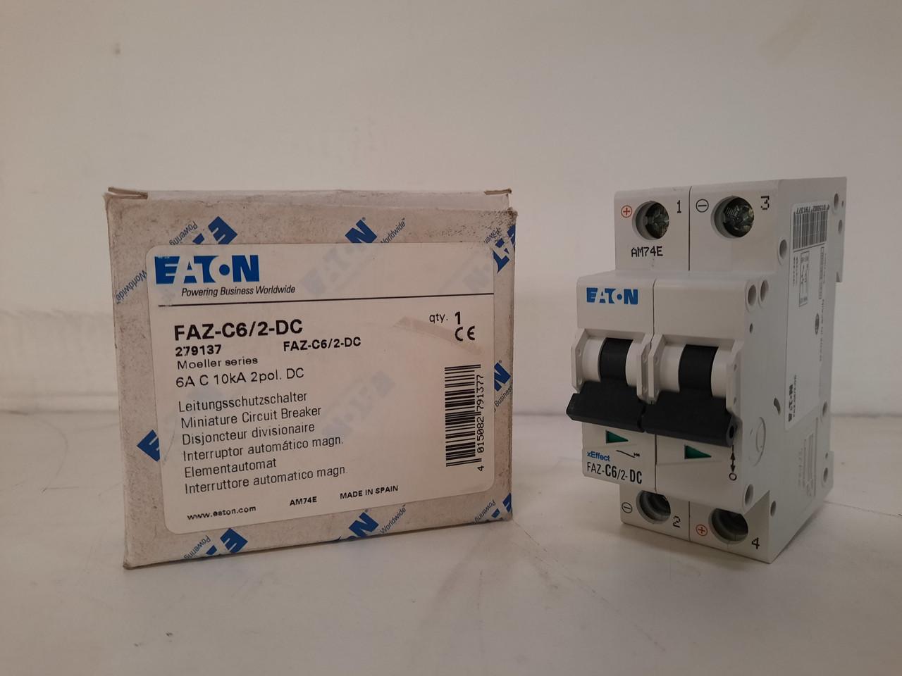 Eaton FAZ-C6/2-DC Eaton FAZ supplementary protector,UL 489 Industrial miniature circuit breaker - supplementary protector,Medium levels of inrush current are expected,6 A,10 kAIC,Two-pole,125 Vdc per pole,5-10X /n,50-60 Hz,Standard terminals,C Curve