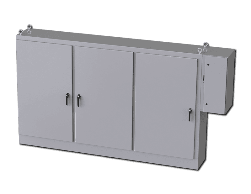 Saginaw Control SCE-72XD3EW18 3DR XD Enclosure, Height:72.00", Width:117.50", Depth:18.00", ANSI-61 gray powder coating inside and out. Sub-panels are powder coated white.
