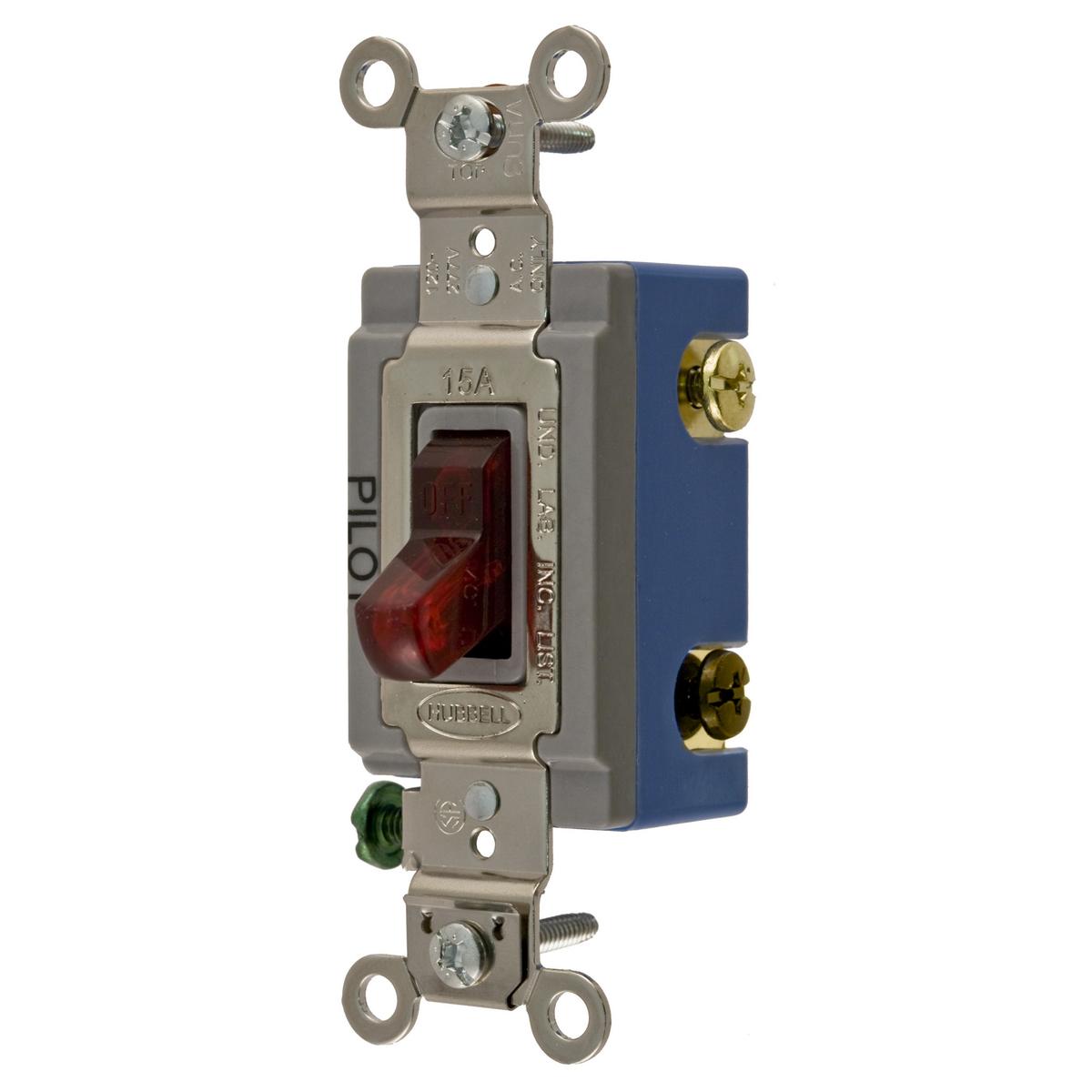 Hubbell HBL1203PL Switches and Lighting Controls, Industrial Grade, Pilot Light Toggle Switches, General Purpose AC, Three Way, 15A 120/277V AC, Back and Side Wired, Red Toggle  ; Large brass binding head screws with deep slots ; Abuse resistant nylon toggle ; Strip gauge 
