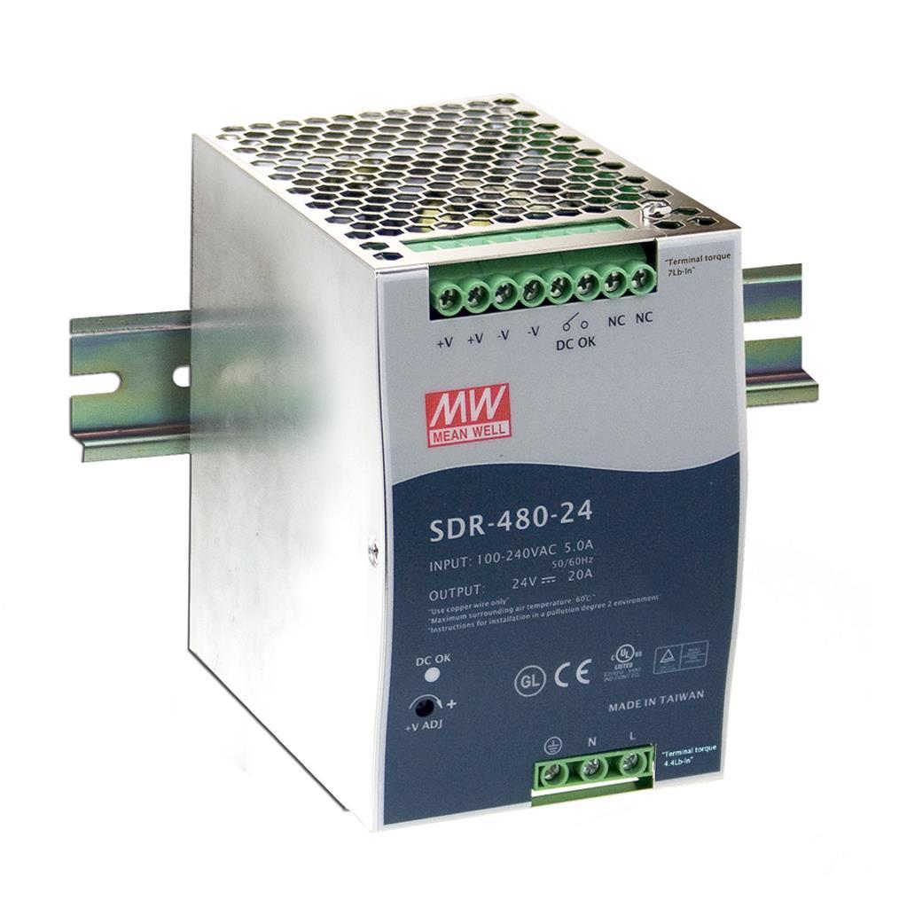 MEAN WELL SDR-480-24 AC-DC Industrial DIN rail power supply; Output 24Vdc at 20A; Metal casing; Ultra slim width 85.5mm