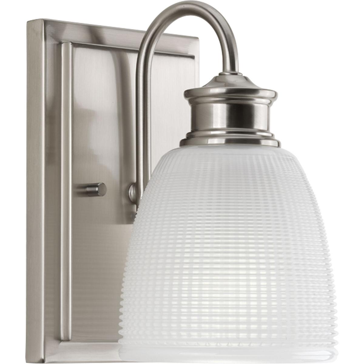 Hubbell P2115-09 One-light bath from the Lucky Collection, with a distinctive design that evokes a vintage flair with finely crafted details. Light is beautifully illuminated through double prismatic frosted glass shades. Brushed Nickel finish.  ; Ideal for a bathroom, ha