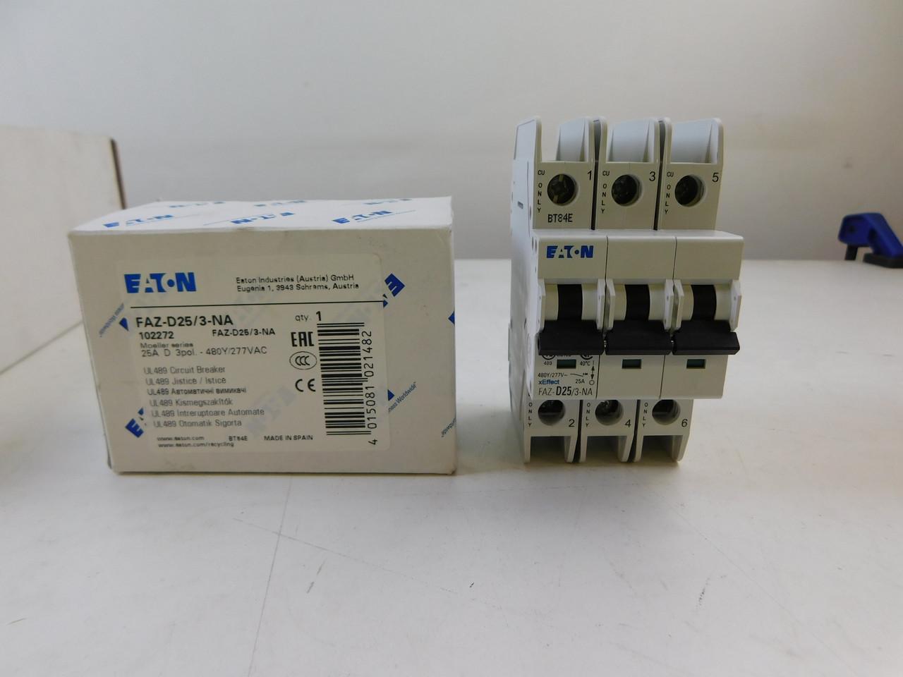 Eaton FAZ-D25/3-NA 277/480 VAC 50/60 Hz, 25 A, 3-Pole, 10/14 kA, 10 to 20 x Rated Current, Screw Terminal, DIN Rail Mount, Standard Packaging, D-Curve, Current Limiting, Thermal Magnetic