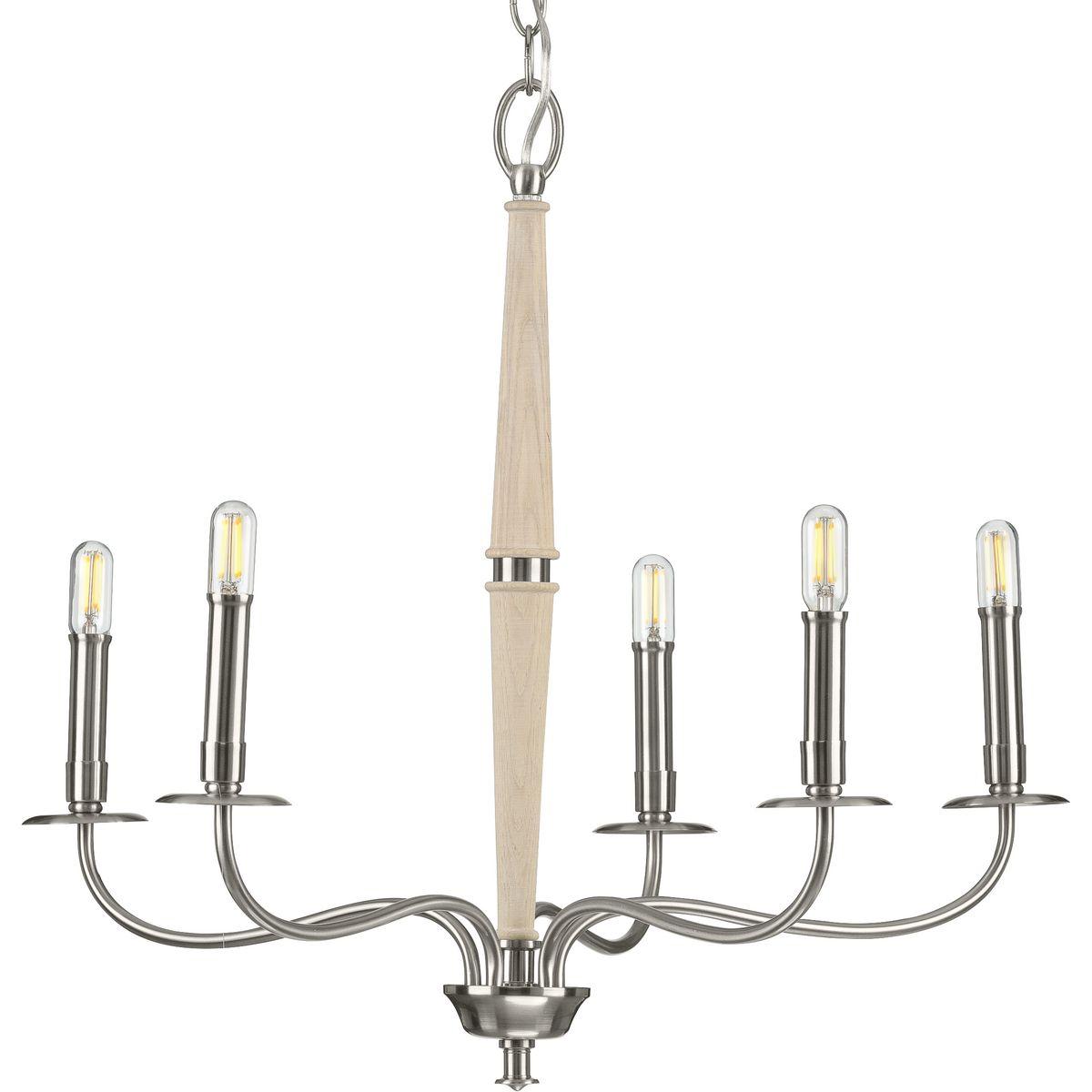 Hubbell P400199-009 This versatile chandelier from the Durrell Collection will easily find a home in a variety of settings in need of generous illumination. Light bases reminiscent of vintage candlesticks are coated in a beautiful brushed nickel finish and appear to float ar