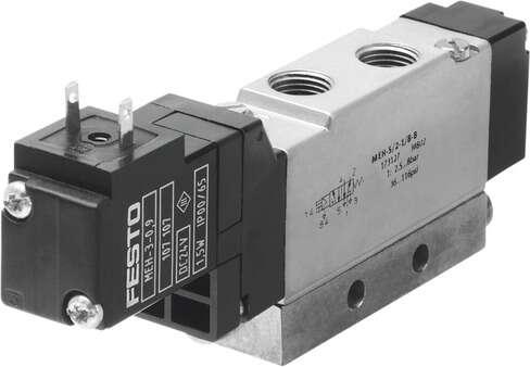 Festo 173127 solenoid valve MEH-5/2-1/8-B Midi Pneumatic, with solenoid coil and manual override, without socket. Valve function: 5/2 monostable, Type of actuation: electrical, Width: 17,8 mm, Standard nominal flow rate: 600 l/min, Operating pressure: 2,5 - 8 bar