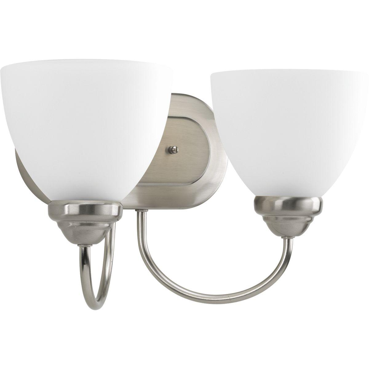 Hubbell P2915-09 The Heart Collection possesses a smart simplicity to complement today's home. This two-light bath bracket includes etched glass shades to add distinction and provide pleasing illumination to any room. Versatile design permits installation of fixture facin