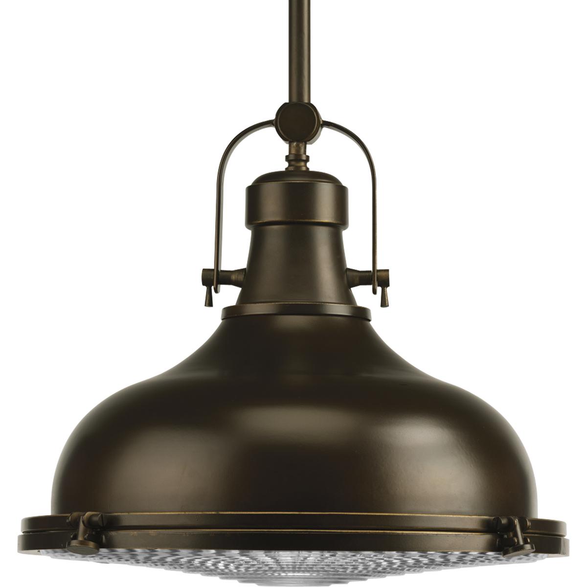 Hubbell P5197-108 The one-light 16" LED pendant features industrial roots in both form and function. The Oil Rubbed Bronze finish highlight the high-quality prismatic glass which adds to the historical aesthetic. Antique style fixture includes a hinge-locking nautical desi