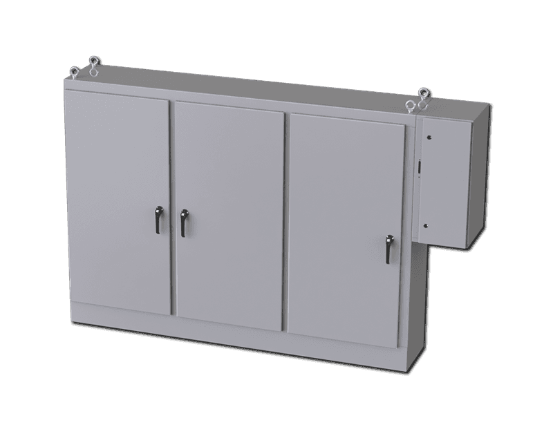 Saginaw Control SCE-72XD3EQ18 3DR XD Enclosure, Height:72.00", Width:99.50", Depth:18.00", ANSI-61 gray powder coating inside and out. Sub-panels are powder coated white.