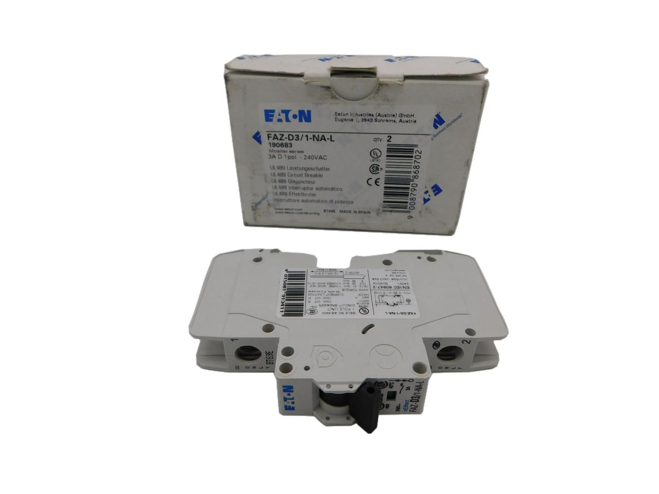 Eaton FAZ-D3/1-NA-L Miniature circuir breaker, 1 pole, 3 A, D trip curve, 240 VAC, screw terminals, UL489