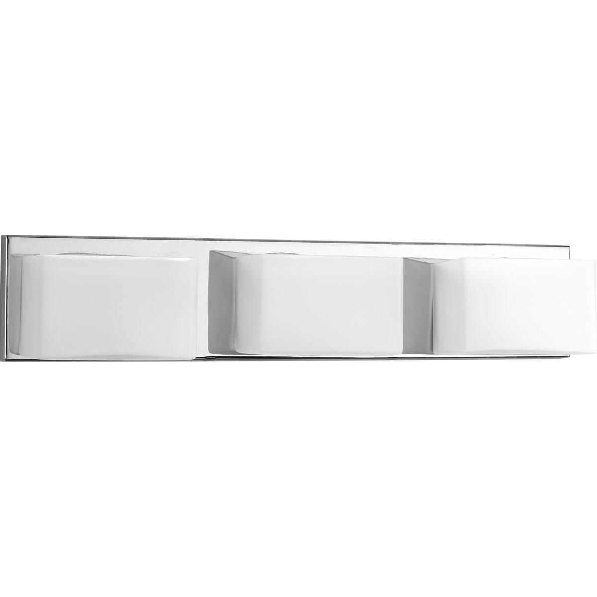 Hubbell P2144-1530K9 Three-Light LED modern wall fixture in Polished Chrome with geometric frosted glass shades and a replaceable LED module. This modern fixture is perfect for the bathroom. 3000K color temperature and 90 plus CRI.  ; Ideal for a bathroom ; Perfect for modern