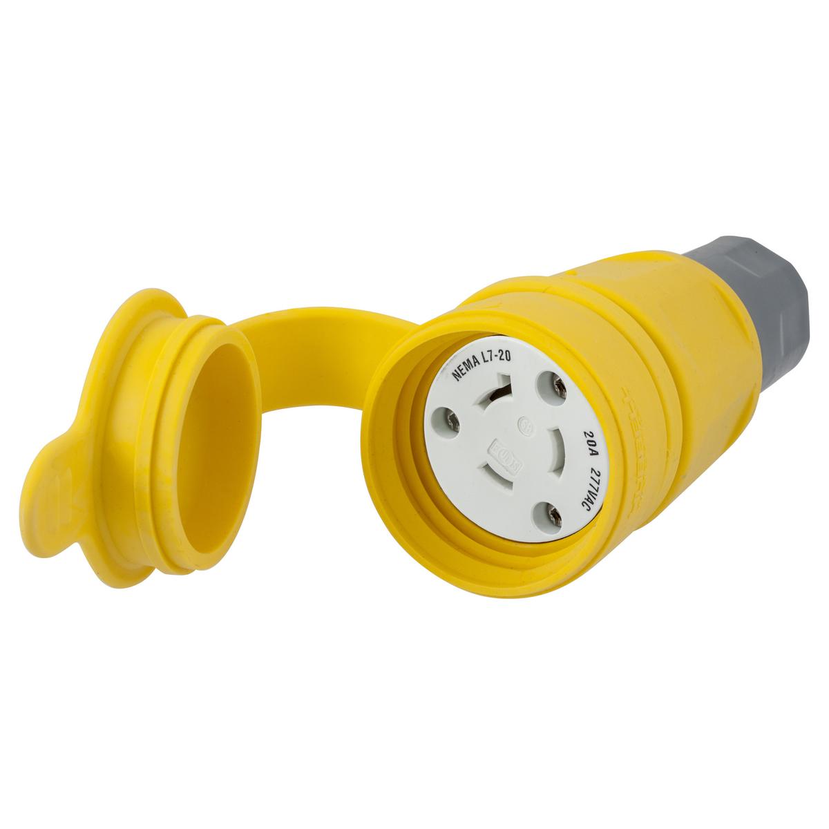 Hubbell HBL27W49 Watertight Devices, Twist-Lock® Connector, 20A, 277V AC, 2 Pole, 3 Wire, Thermoplastic elastomer, NEMA L7-20R, Yellow  ; Smooth body design minimizes collection points simplifying the wash down process ; Strain relief nut always seals on the body, minimiz